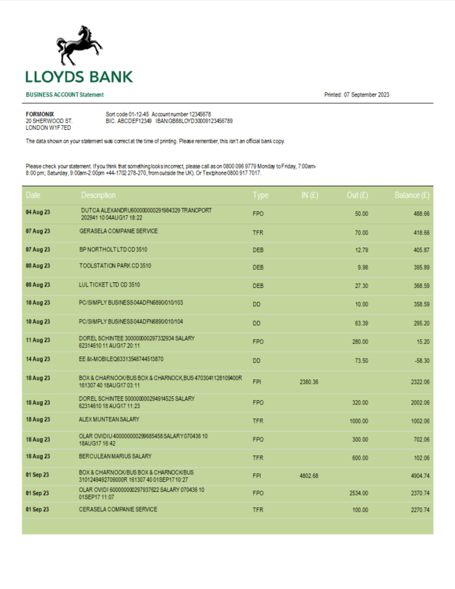 Modèle Word et PDF de relevé de compte professionnel de la Lloyds Bank